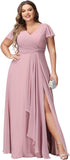 Vestidos de dama de honor de talla grande con mangas con volantes y bolsillos, vestido formal largo con escote en V y abertura. 