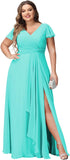 Vestidos de dama de honor de talla grande con mangas con volantes y bolsillos, vestido formal largo con escote en V y abertura. 