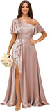 Short Sleeve Satin Bridesmaid Dresses for Women Ruffle One Shoulder Formal Evening Gowns with Slit