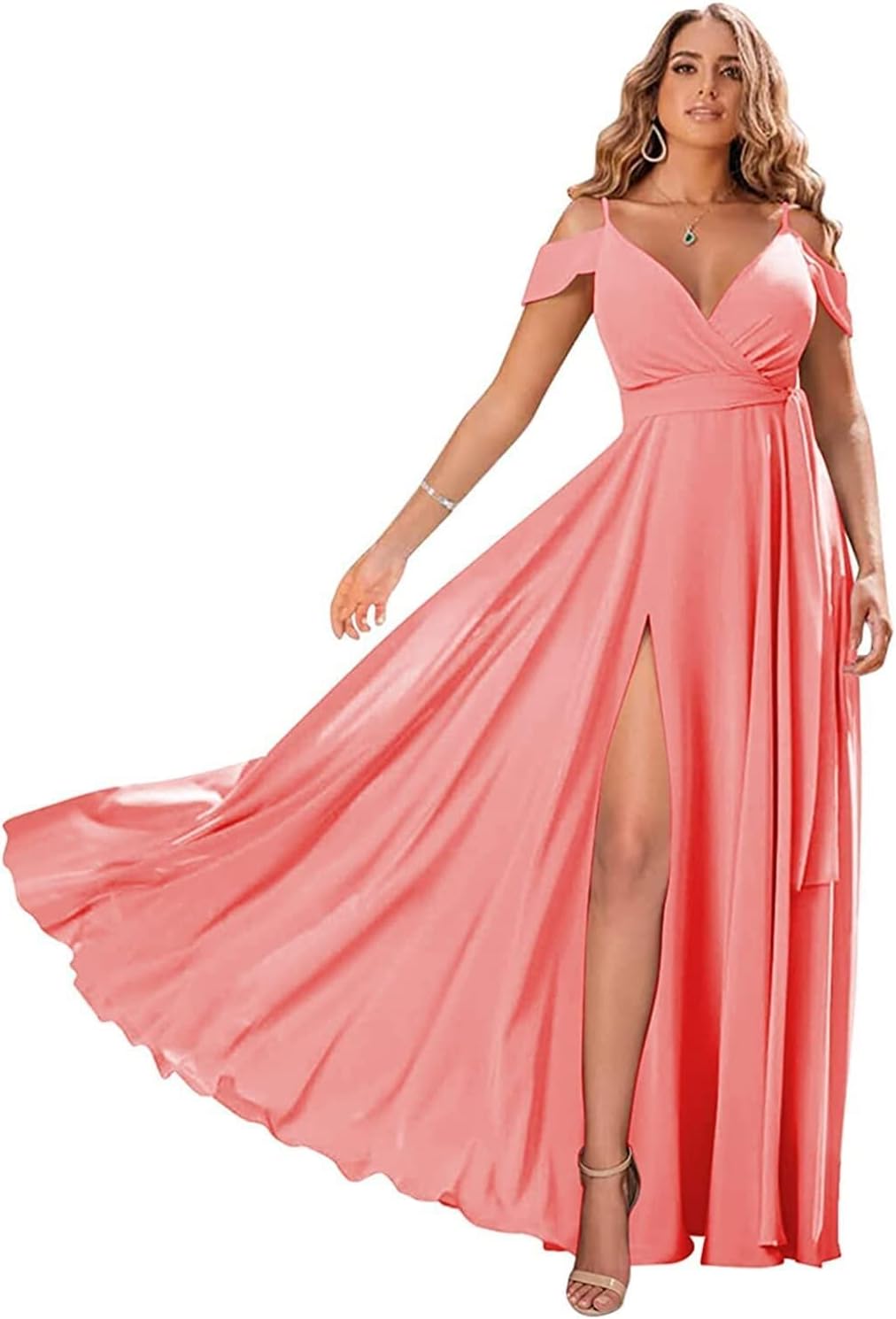 Schulterfreie Brautjungfernkleider 2025 für Frauen, langes Chiffon-Abendkleid mit V-Ausschnitt und Schlitz
