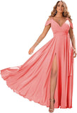 Schulterfreie Brautjungfernkleider 2025 für Frauen, langes Chiffon-Abendkleid mit V-Ausschnitt und Schlitz