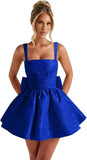 Jacquard Satin Homecoming Dresses for Teens Spaghetti Straps Short Prom Dress A-line Cocktail Party Gowns with Bow