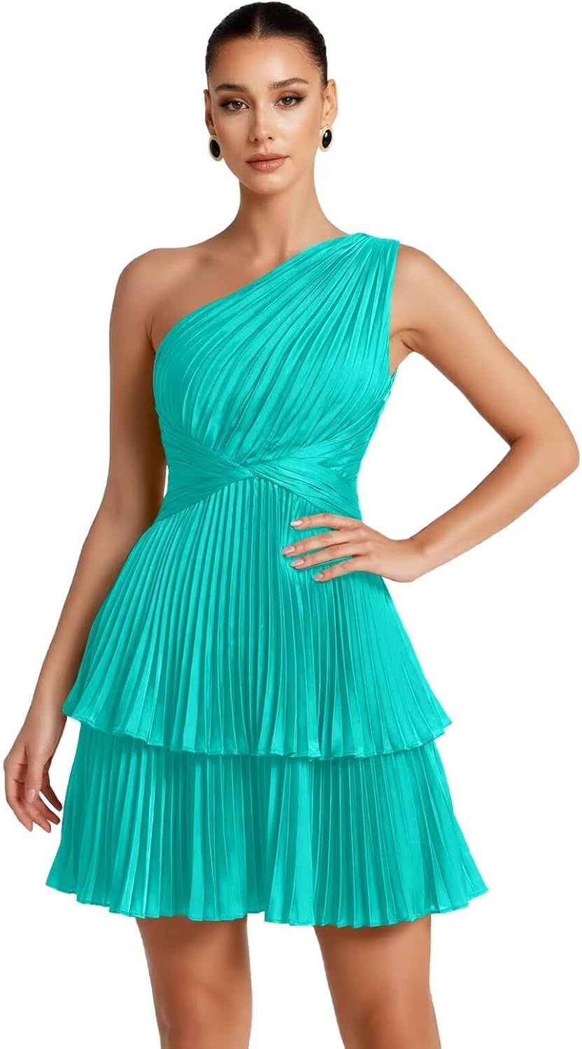One Shoulder Satin Homecoming Dresses for Teens 2026 Short A-line Prom Dress Pleated Tiered Cocktail Party Gowns