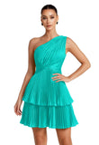 One Shoulder Satin Homecoming Dresses for Teens 2026 Short A-line Prom Dress Pleated Tiered Cocktail Party Gowns