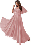 Women's Batwing Sleeve Chiffon Bridesmaid Dresses with Pockets V Neck Long Formal Evening Dress