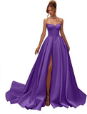 Kingbridal Gowns Strapless Prom Dresses for Women 2026 Long Satin A-line Formal Dress with Slit Beaded Corset Evening Party Gowns