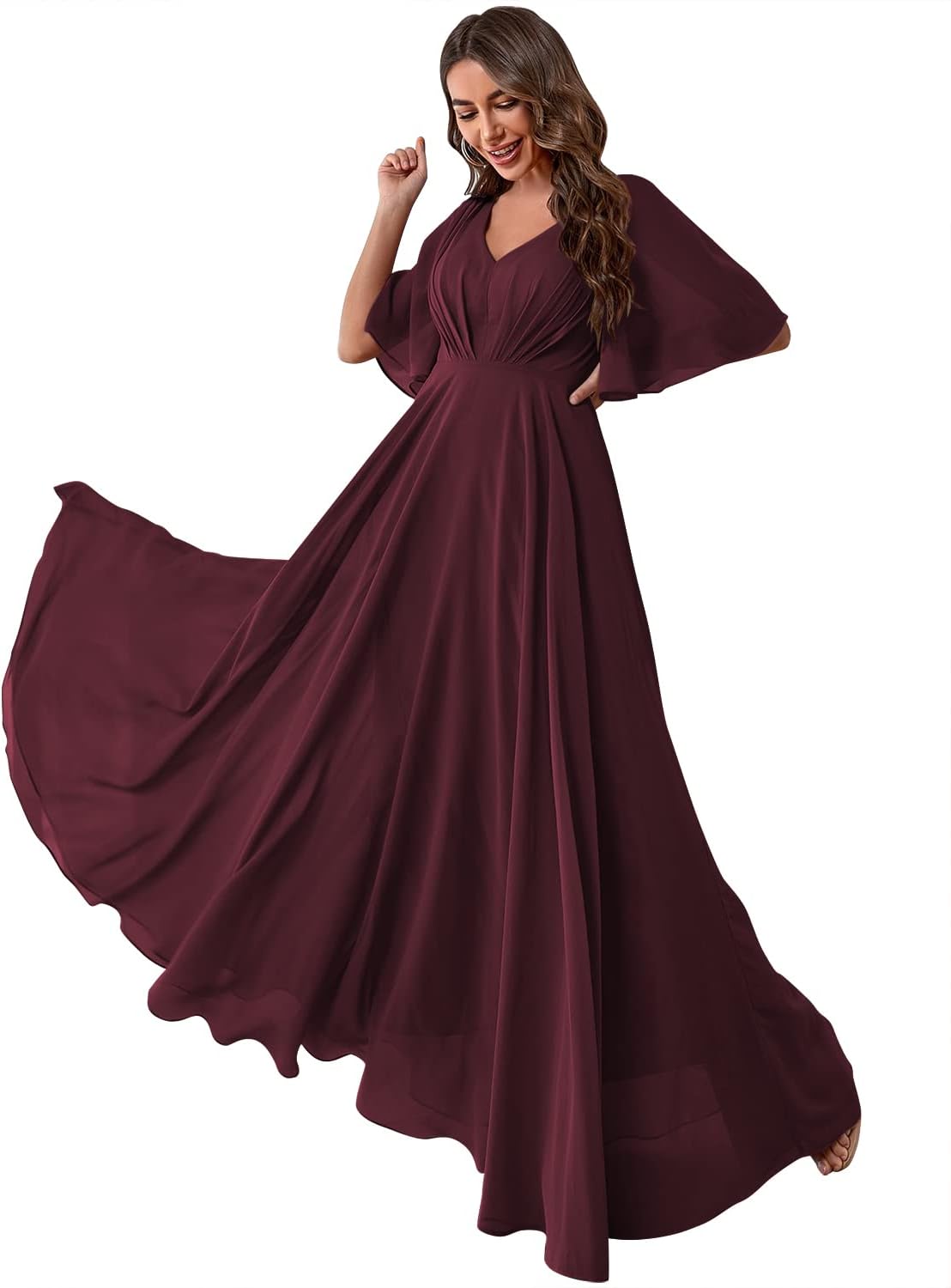 Women's Batwing Sleeve Chiffon Bridesmaid Dresses with Pockets V Neck Long Formal Evening Dress