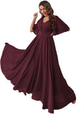Women's Batwing Sleeve Chiffon Bridesmaid Dresses with Pockets V Neck Long Formal Evening Dress