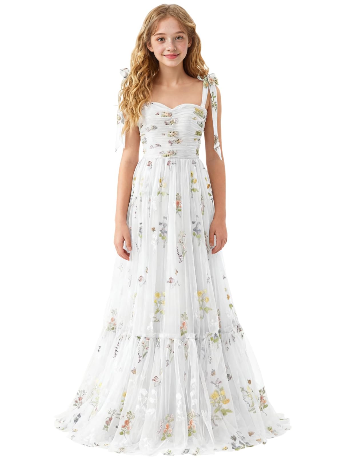 Floral Embroidered Tulle Flower Girl Dress Sweetheart Junior Bridesmaid Dresses Tiered Ruffled Formal Party Prom Gown