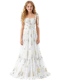 Floral Embroidered Tulle Flower Girl Dress Sweetheart Junior Bridesmaid Dresses Tiered Ruffled Formal Party Prom Gown