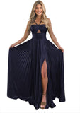 Vestido de fiesta de satén metálico brillante con abertura para mujer, vestido formal de noche plisado con cuello halter 