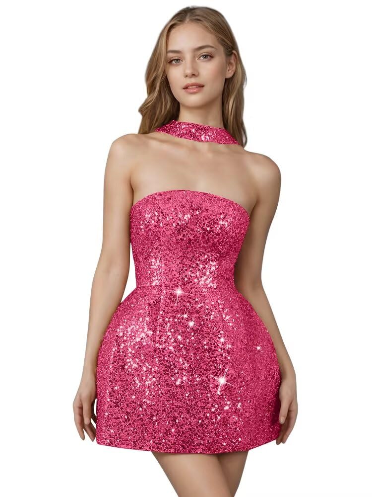 Strapless Sequin Homecoming Dresses for Teens Short Prom Dress Sparkly A-Line Cocktail Party Gowns with Pockets