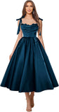 Satin Prom Dresses for Women Spaghetti Straps Corset A-Line Ball Formal Gowns Tea Length with Pockets