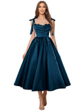Satin Prom Dresses for Women Spaghetti Straps Corset A-Line Ball Formal Gowns Tea Length with Pockets