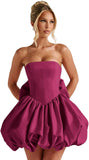 Satin Flower Bud Homecoming Dress Short Prom Dress with Bow Strapless A Line Mini Cocktail Party Gown