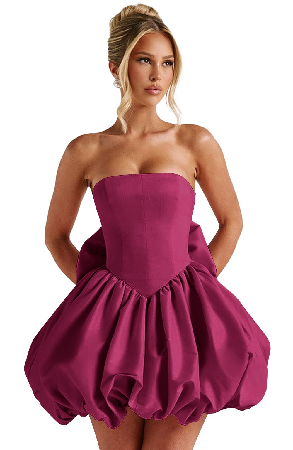 Satin Flower Bud Homecoming Dress Short Prom Dress with Bow Strapless A Line Mini Cocktail Party Gown