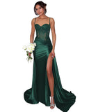 Lace Satin Prom Dresses for Women 2026 Long Mermaid Spaghetti Straps Corset Formal Evening Party Dress with Slit