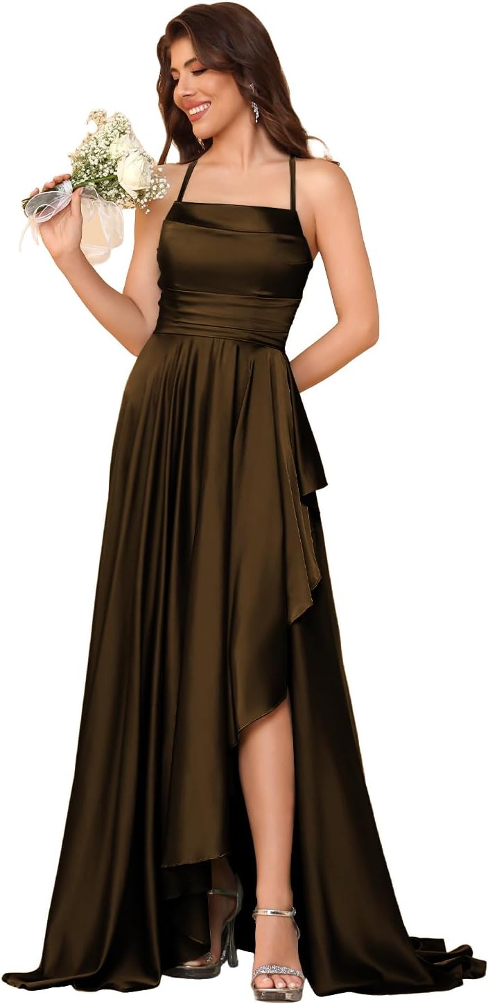 Women's Long Satin Bridesmaid Dresses Spaghetti Strap Halter Formal Evening Gown Ruffle High Low Wedding Guest Dress