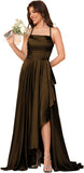 Women's Long Satin Bridesmaid Dresses Spaghetti Strap Halter Formal Evening Gown Ruffle High Low Wedding Guest Dress
