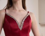 Spaghetti Straps Satin Homecoming Dresses for Teens V-Neck Short Prom Dress A-Line Beaded Cocktail Party Gowns