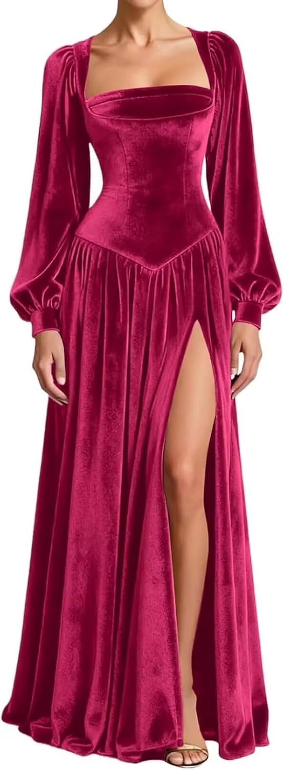 Kingbridal Gowns Long Sleeve Prom Dresses for Women 2027 Velvet Formal Dress with Slit Long A-line Evening Party Gowns