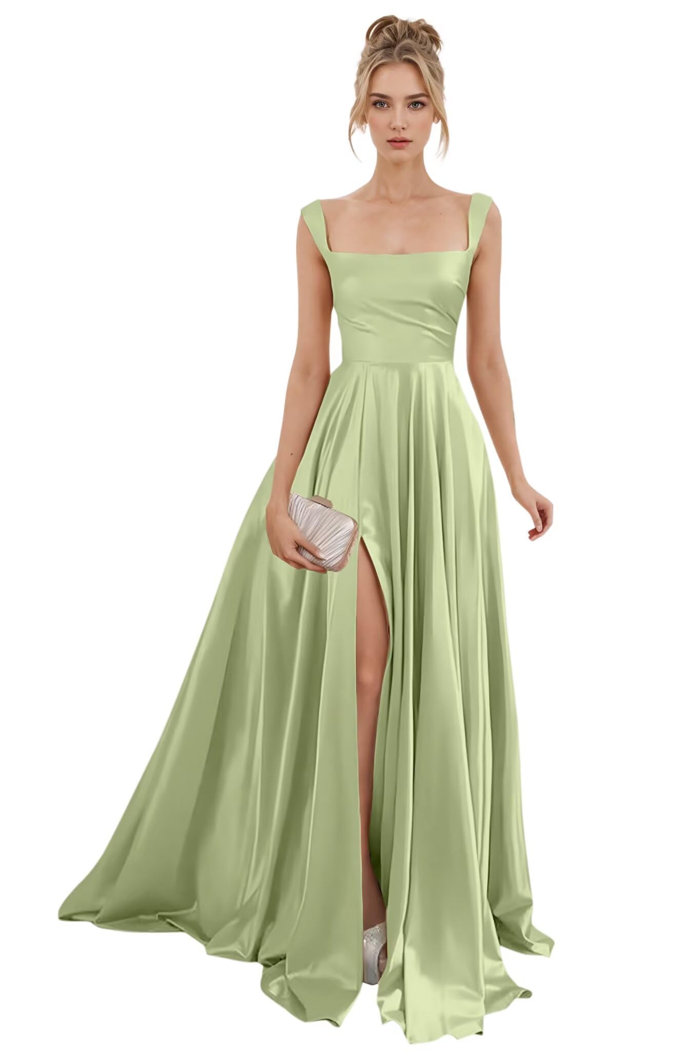 Spaghetti Straps Satin Bridesmaid Dresses for Women Long A-Line Square Neck Formal Evening Party Gown with Slit