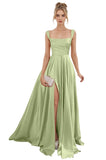 Spaghetti Straps Satin Bridesmaid Dresses for Women Long A-Line Square Neck Formal Evening Party Gown with Slit