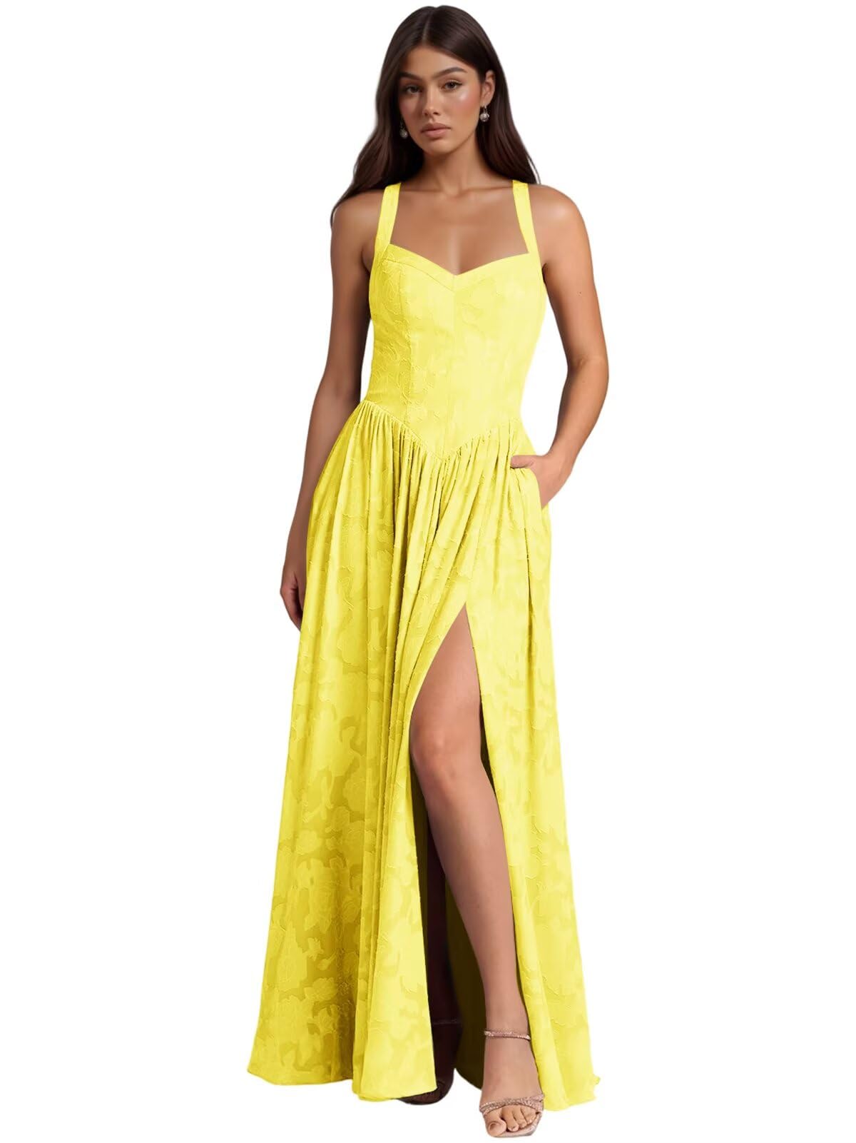 Jacquard Floral Lace Wedding Guest Dress Long Slit A Line Bridesmaid Dresses with Pockets Formal Gown