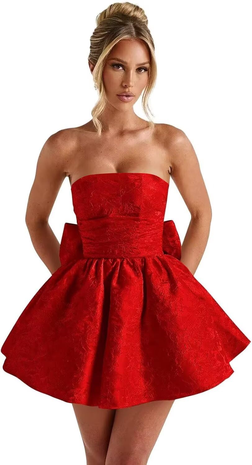 Strapless Satin Homecoming Dresses for Teens 2027 Jacquard A-line Short Prom Cocktail Gowns with Bow
