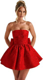 Strapless Satin Homecoming Dresses for Teens 2027 Jacquard A-line Short Prom Cocktail Gowns with Bow