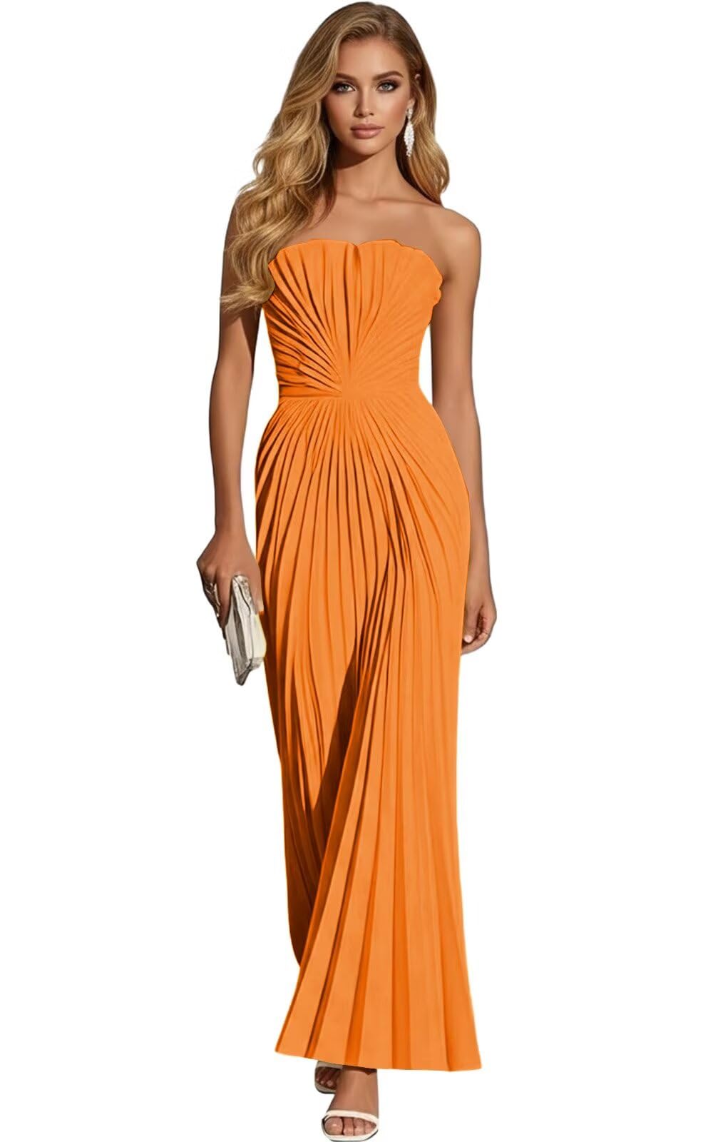 Women's Strapless Pleated Bridesmaid Dress Elegant Sweetheart Neck Formal Prom Gown for Wedding Guest