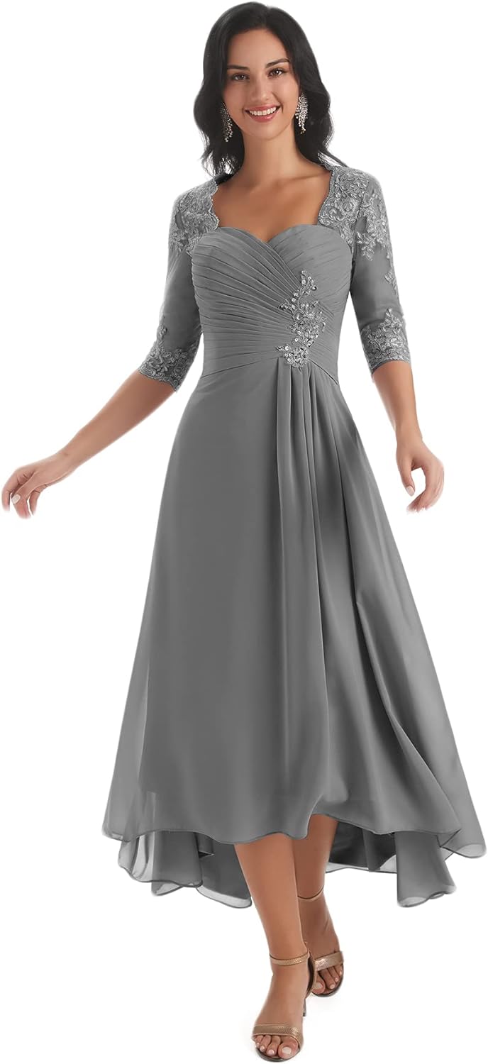 Women's Tea Length Mother of The Bride Dresses for Wedding Short Sleeves Lace Applique Formal Evening Prom Gowns