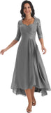 Women's Tea Length Mother of The Bride Dresses for Wedding Short Sleeves Lace Applique Formal Evening Prom Gowns