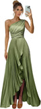 One Shoulder Bridesmaid Dresses for Women Satin Pleated Long A Line Formal Prom Evening Party Dress with Slit