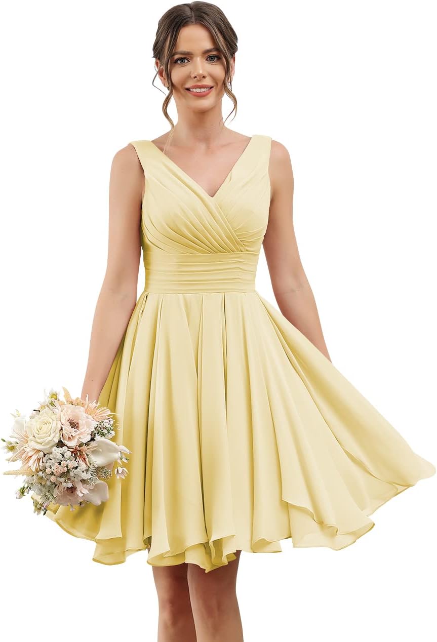 Double V Neck Short Bridesmaid Dresses for Women 2025 Chiffon A Line Formal Evening Gowns with Pockets