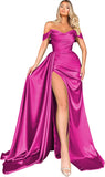 Women's Off Shoulder Mermaid Prom Dresses Long with Slit Pleates Wrap Satin Formal Evening Gowns