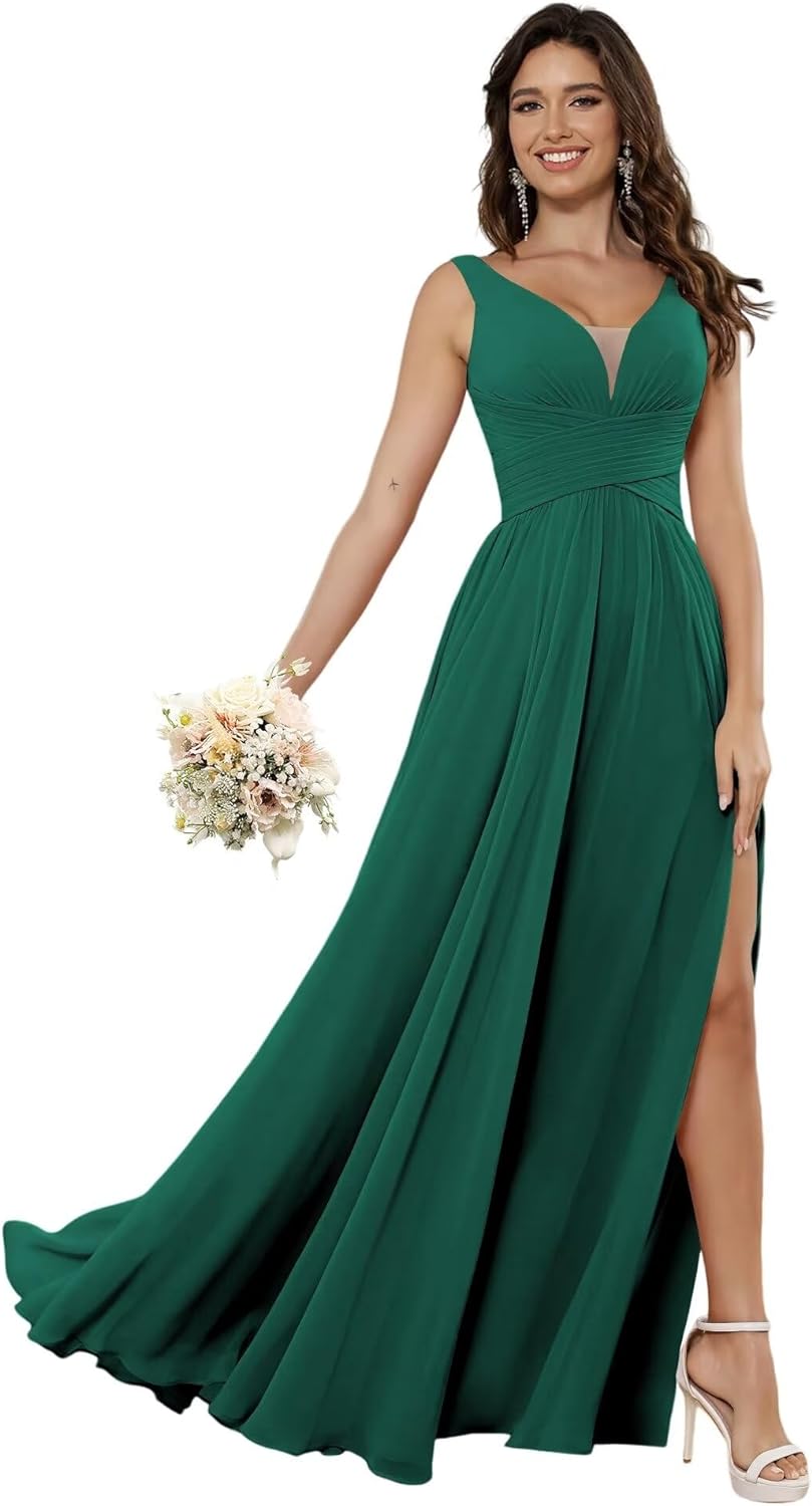 Vestidos de dama de honor sencillos de gasa para mujer con bolsillos, vestidos formales largos con escote en V y abertura 