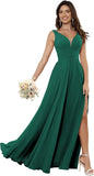 Vestidos de dama de honor sencillos de gasa para mujer con bolsillos, vestidos formales largos con escote en V y abertura 