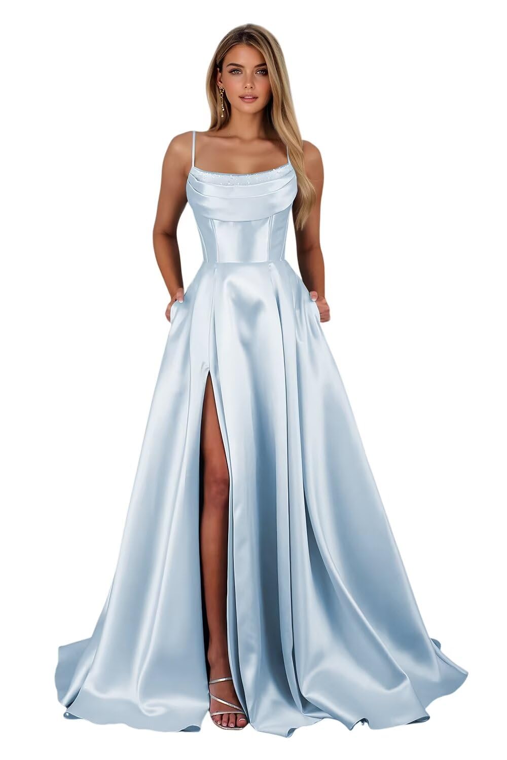 Satin Prom Dresses for Teens Long A-Line Cowl Neck Formal Evening Gown with Slit 2026 Maxi Ball Gowns