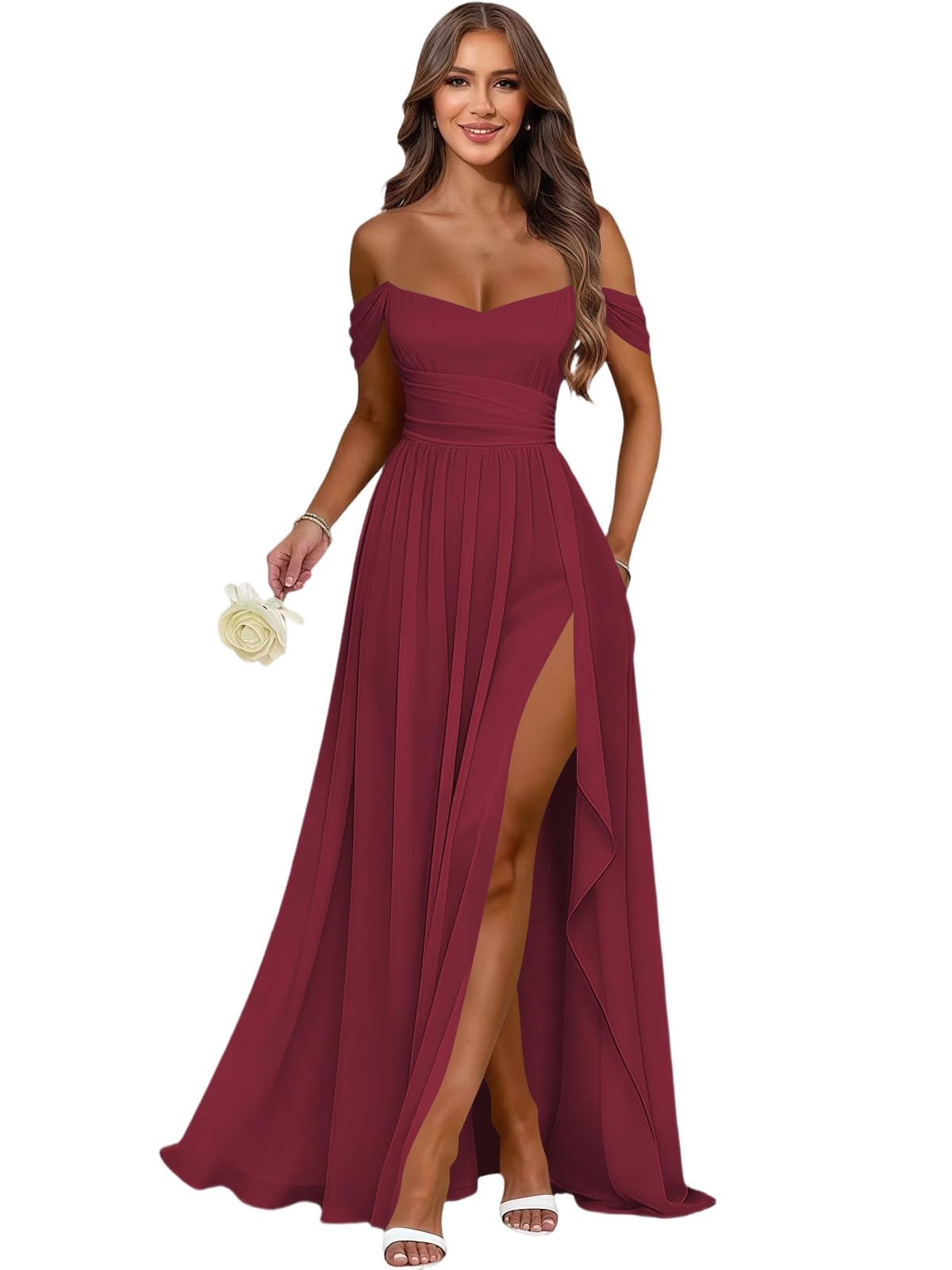 Women's Long Chiffon Bridesmaid Dresses with Slit Off Shoulder A-Line Formal Prom Evening Gown Maxi Wedding Guest Dress