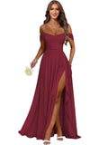 Women's Long Chiffon Bridesmaid Dresses with Slit Off Shoulder A-Line Formal Prom Evening Gown Maxi Wedding Guest Dress