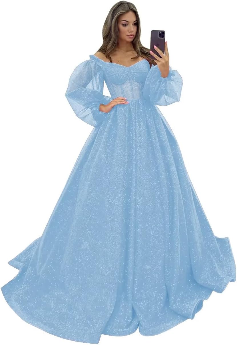 Puffy Sleeve Glitter Prom Dresses Women's Ball Gown Off Shoulder Formal Evening Gown Princess Quinceanera Dress