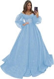 Puffy Sleeve Glitter Prom Dresses Women's Ball Gown Off Shoulder Formal Evening Gown Princess Quinceanera Dress