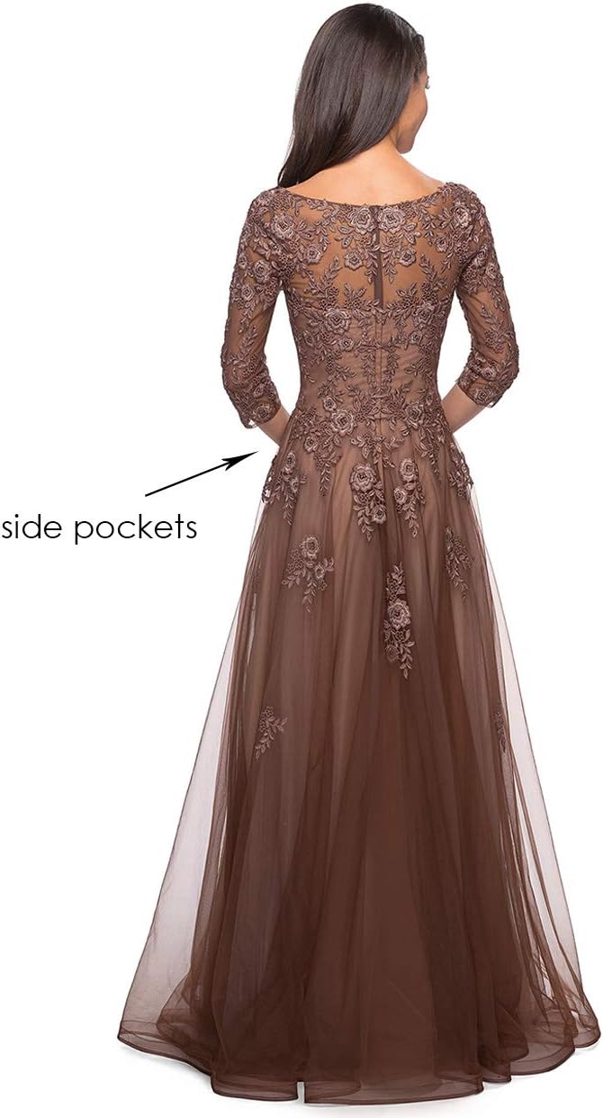Women's Floral Lace Appliques 3/4 Sleeve Mother of The Bride Dresses Long V Neck Formal Dresses with Pockets