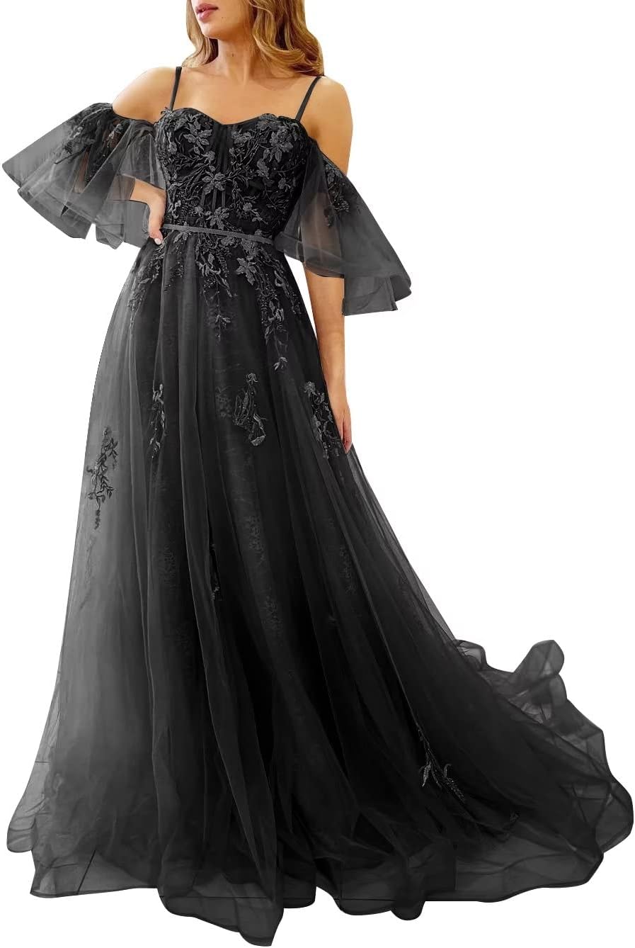 Vestidos de fiesta de tul con hombros descubiertos para adolescentes, vestidos formales con apliques de encaje, vestido de fiesta de noche formal de línea A