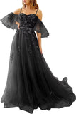 Vestidos de fiesta de tul con hombros descubiertos para adolescentes, vestidos formales con apliques de encaje, vestido de fiesta de noche formal de línea A