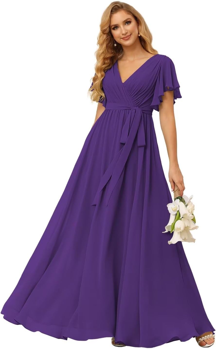 Damen Brautjungfernkleider mit Flatterärmeln, lang, mit Taschen, V-Ausschnitt, Chiffon, formelle Kleider 