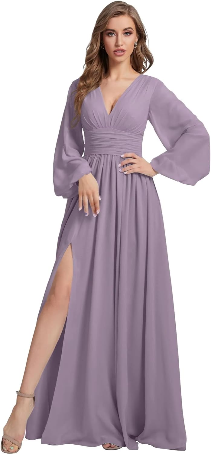 Womens V-Neck Long Sleeve Bridesmaid Dresses with Slit 2024 Ruched A-line Chiffon Prom Formal Dresses