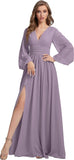 Womens V-Neck Long Sleeve Bridesmaid Dresses with Slit 2024 Ruched A-line Chiffon Prom Formal Dresses