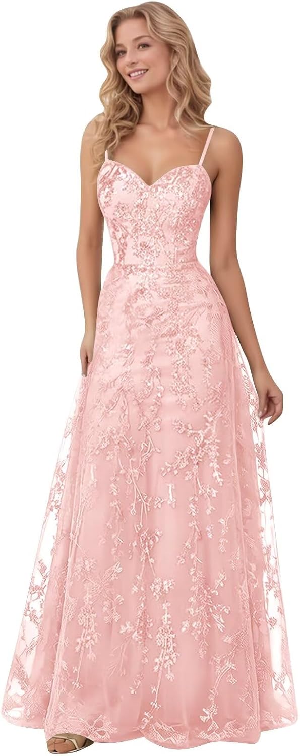 Spaghetti Strap Sparkly Prom Dress for Women Long Tulle Formal Dress Laces Evening Party Gown